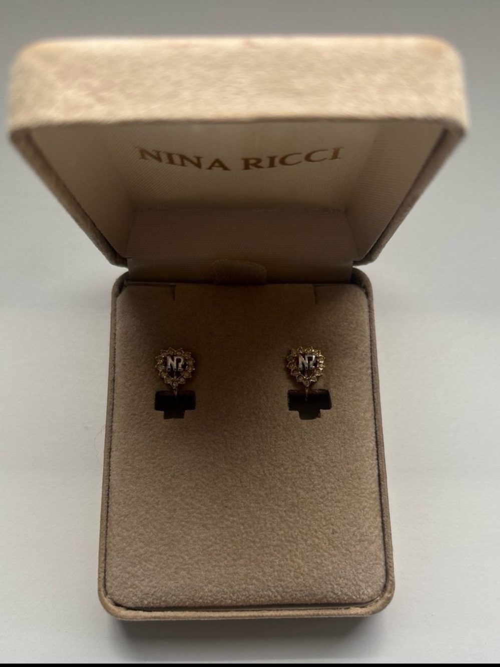 Nina Ricci Gold and White NR Logo Floral Stud Earrings